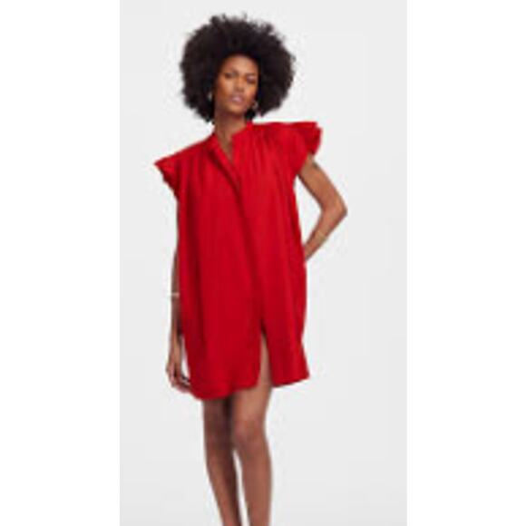 Madewell Flutter Sleeve Button-Front‎ Poplin Mini Dress Red Pcockets Size Large - Picture 1 of 10